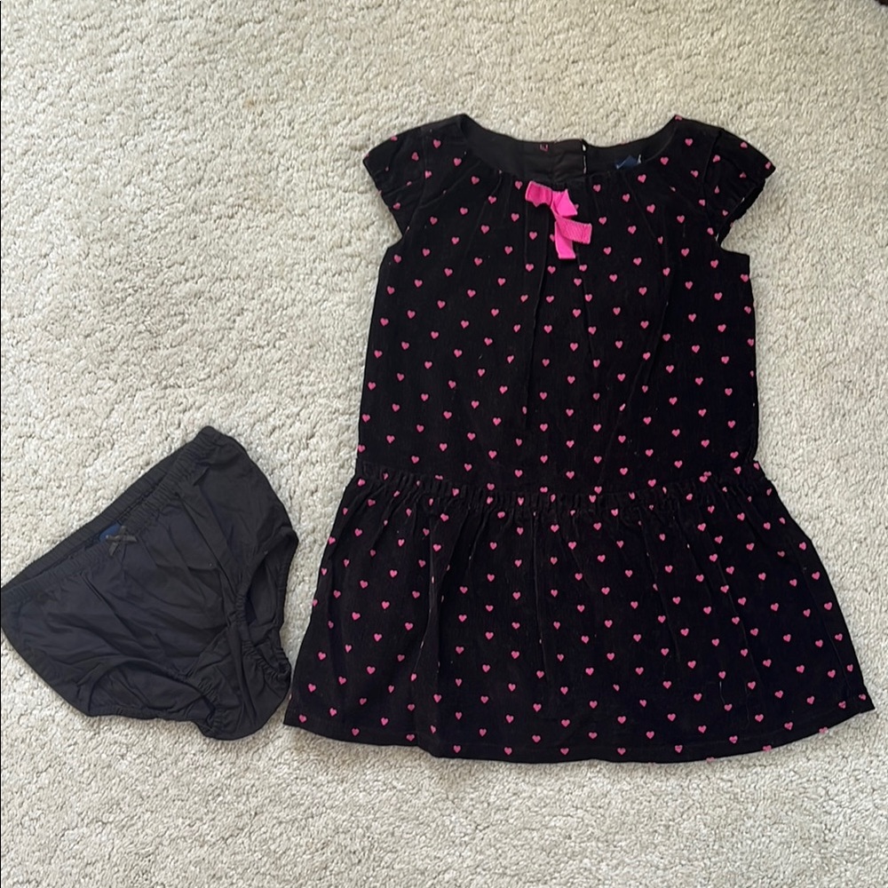 Black Corduroy Dress with Pink Hearts and Bow. Cotton lining. Size 18-24months